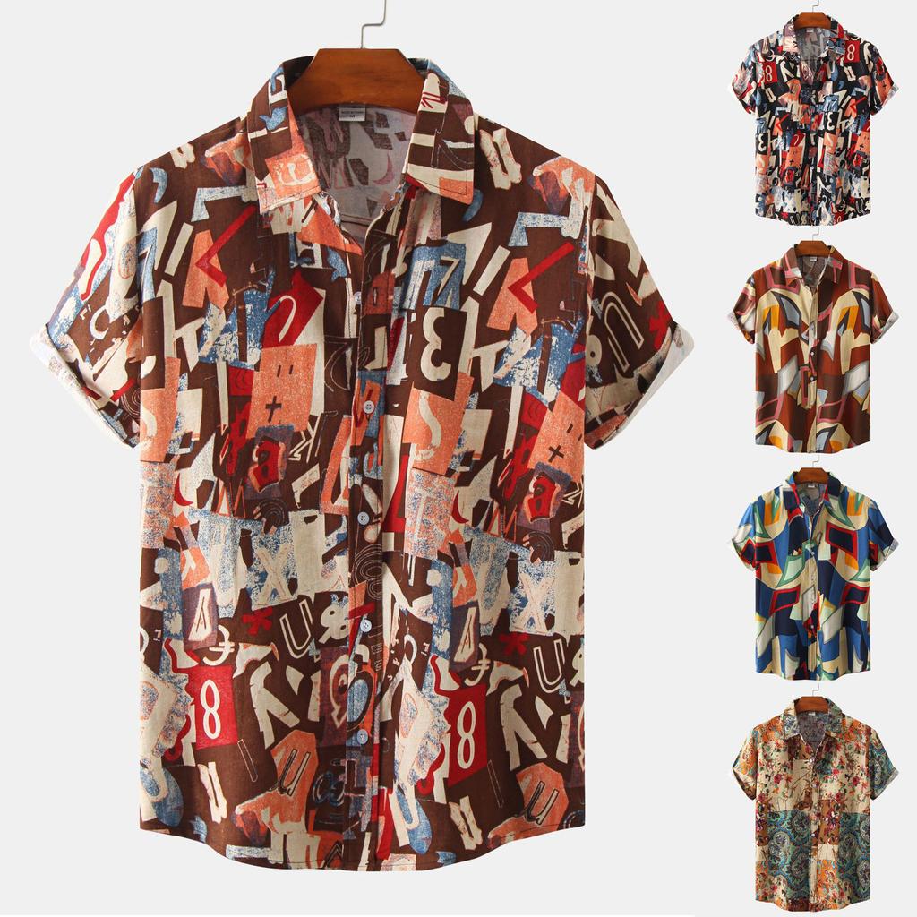 Men's Hawaiian Vacation Casual Cotton Linen Top Printed Short Sleeve Floral Shirt