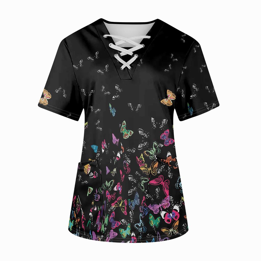 Плюс размерСкраб с принтом Рабочая форма Топы для женщин Крест V-образным вырезом Хэллоуин Принт с короткими рукавами Забавные футболки Спецодежда Футболка с карманами