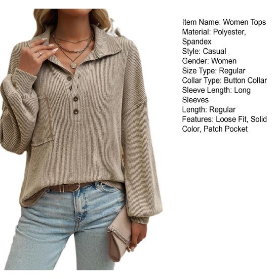 Женские топы с пуговицами на лацканах, с полузастежкой, длинным рукавом, накладным карманом, пуловеры, однотонные свободные трикотажные топы