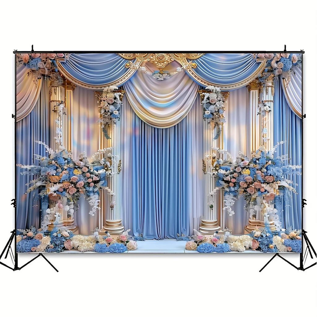 1PC, Elegant Wedding and Engagement Party Photography Background - Blue and White Castle Palace Design, Wedding Decorations