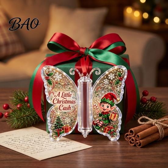 Festive Party Decoration Christmas Cash Gift Ornament, Acrylic Butterfly Money Holder with Built?in Indoor Outdoor Decor Clear Compartment, Holiday