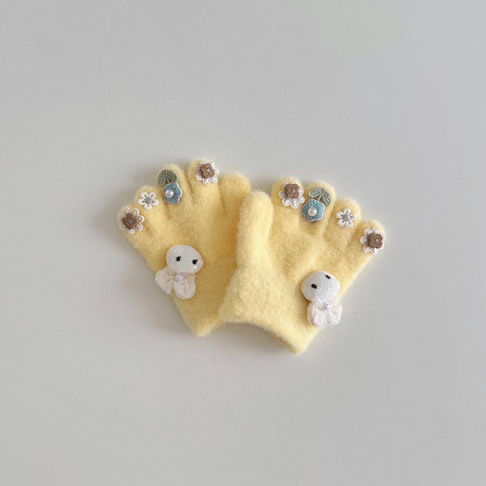 Winter Baby Girl Gloves Cute Bunny Flower Five Finger Separate Gloves for Toddlers Warm Anti-Cold Mittens for Infant