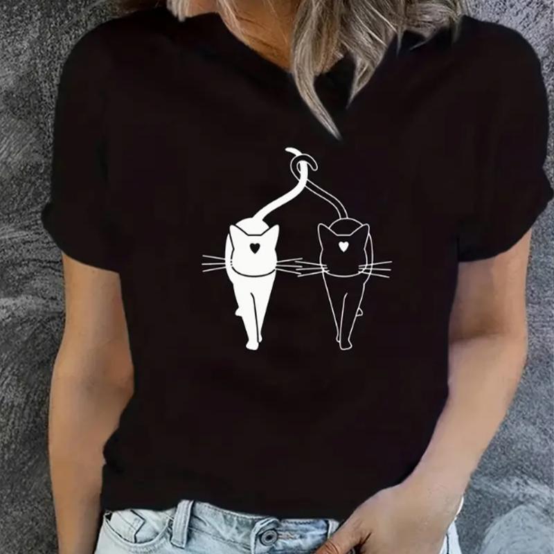 Fashion Women Black and White Cat Print T Shirt Funny Casual O-neck Short Sleeves T-shirt Summer Female Tee Shirt