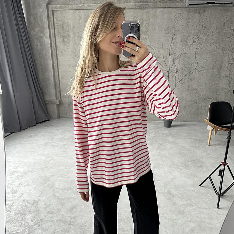 Уютные свободные футболки с длинным рукавом в полоску для женщин, осенние базовые повседневные хлопковые топы с круглым вырезом, блузка в уличном стиле