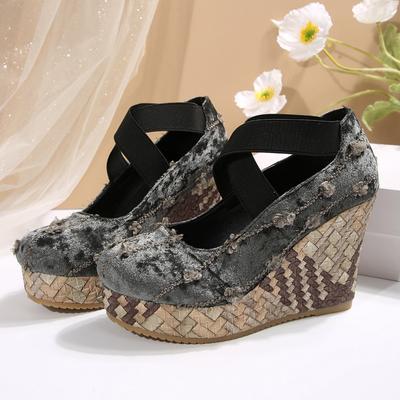 Мода Женская Мода Обувь на танкетке Лето Новинка Круглый носок Мелкий вырез Водонепроницаемая Платформа Замша Нескользящие Высокие каблуки