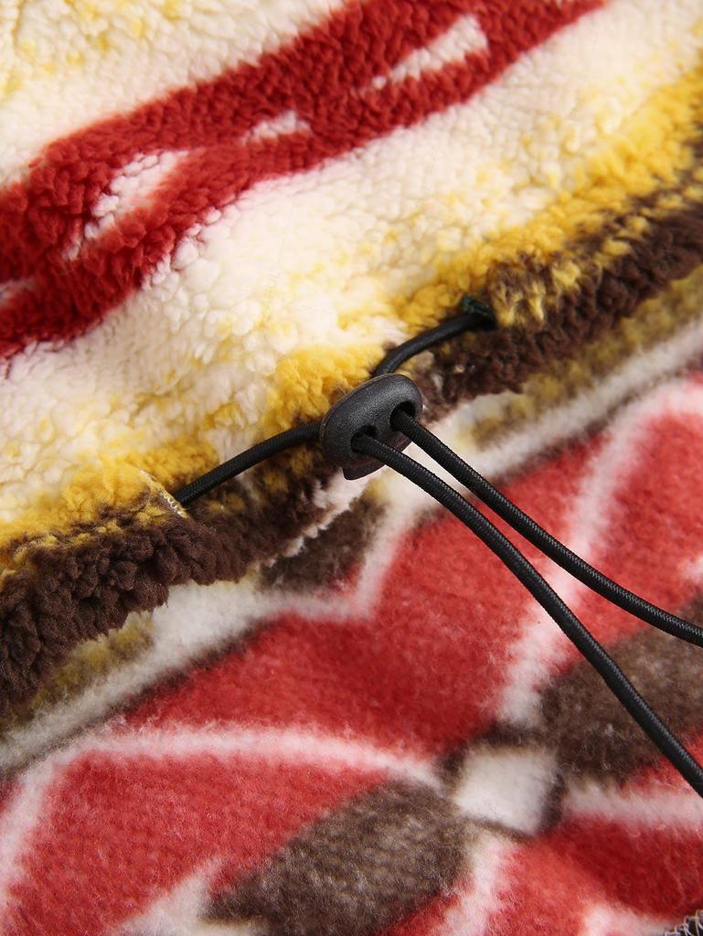 ZAFUL Женская толстовка с этническим принтом ацтеков, застежкой-молнией на короткую четверть длины, затягивающимся шнурком, отложным воротником, длинными рукавами, свободная, пушистая, плюшевая