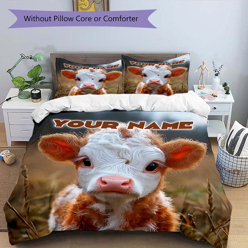 3PC Custom Name Baby Cow Adventure Bedding Set Printed Bedding Set Duvet Cover Closure Includes 1 Duvet Cover & 2 Pillowcases for All Seasons Bedroom
