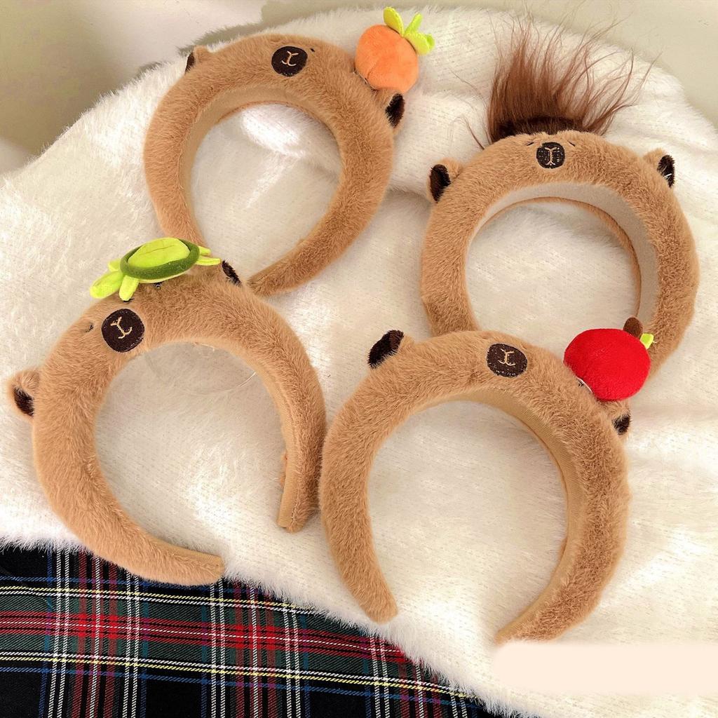 Подростковая мультяшная повязка на голову в форме капибары, плюшевый головной убор для взрослых для макияжа, умывания лица, спортивная повязка на голову, против скольжения волос