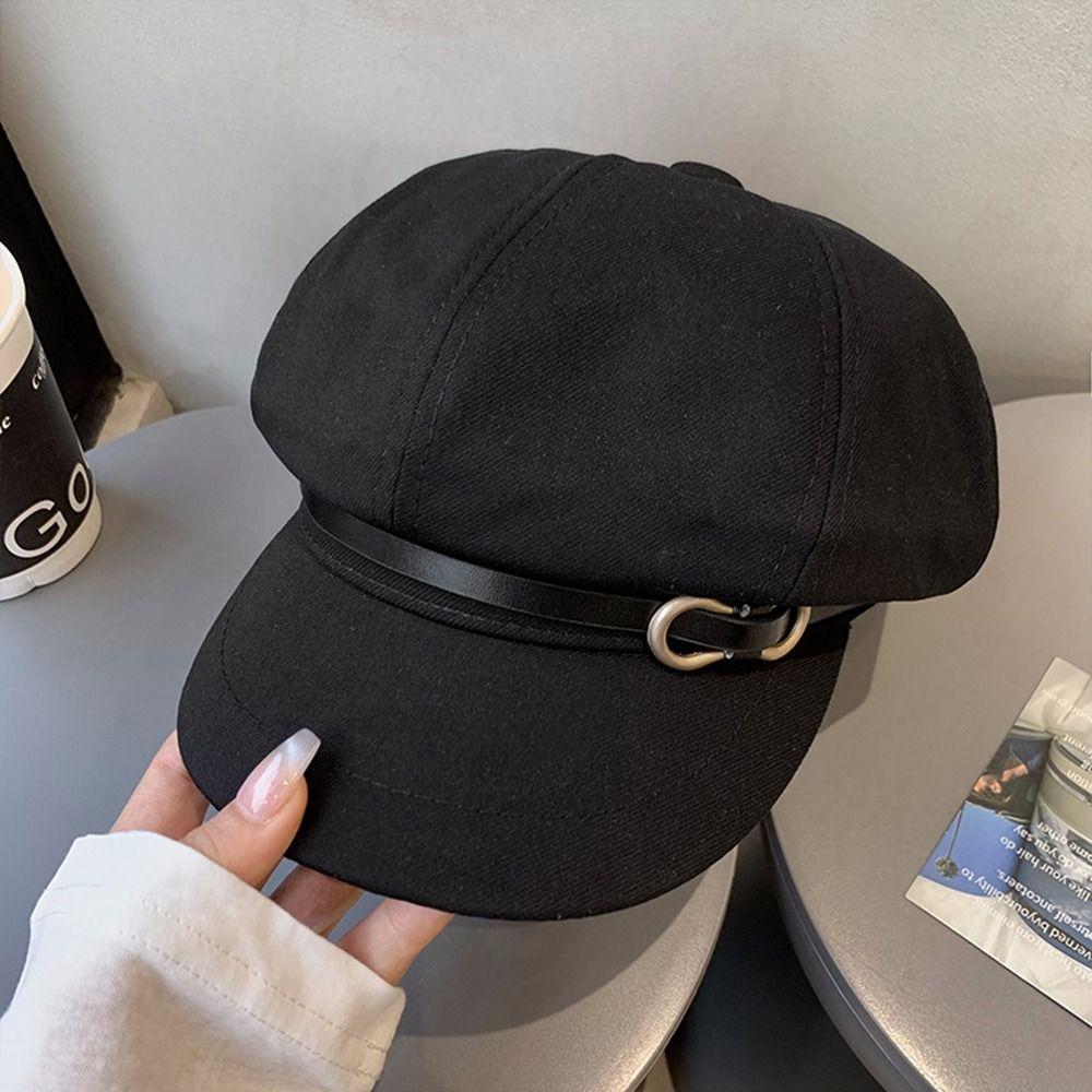 Восьмиугольная шляпа в корейском стиле с кожаной пряжкой, повседневная черная шляпа-берет для уличной одежды