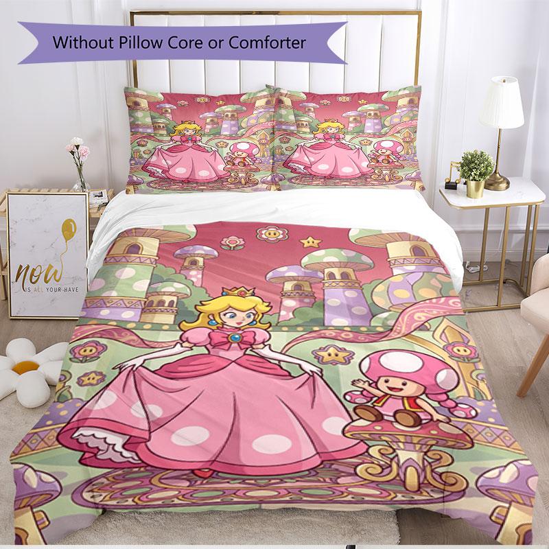 3pcs Duvet Cover Set (1*Duvet Cover + 2*Pillowcase, Without Core), Princess Peach Toadstool Print Soft All‑Season Bedding Set, Home Bedroom Decor Gift