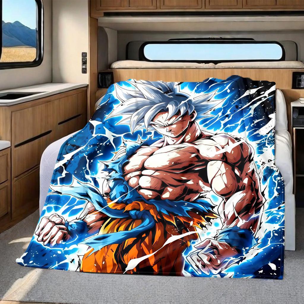 1PC Cartoon Son Goku Print Flannel Blanket, High quality All Seasons, Home Decor, Warmth and Comfort, Perfect for Christmas Gifts