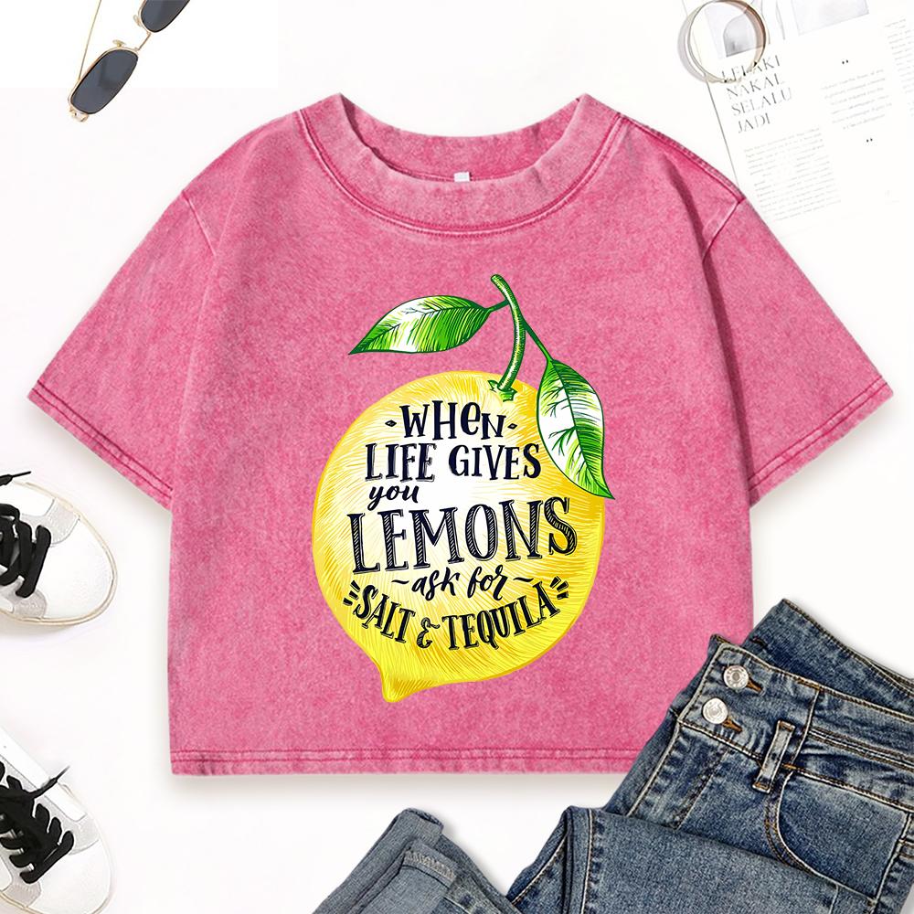 When Life Gives You Lemons Printing Women Washed T Shirts Street Hip Hop Short Sleeve Cotton Slim Top Summer T-Shirt