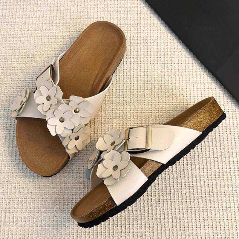 Fashion Sweet Flower Decoration Flat Slippers Women Retro Thick Bottom Cross Tied Slide Sandals Comfort Open Toe Designer Beach Sandals