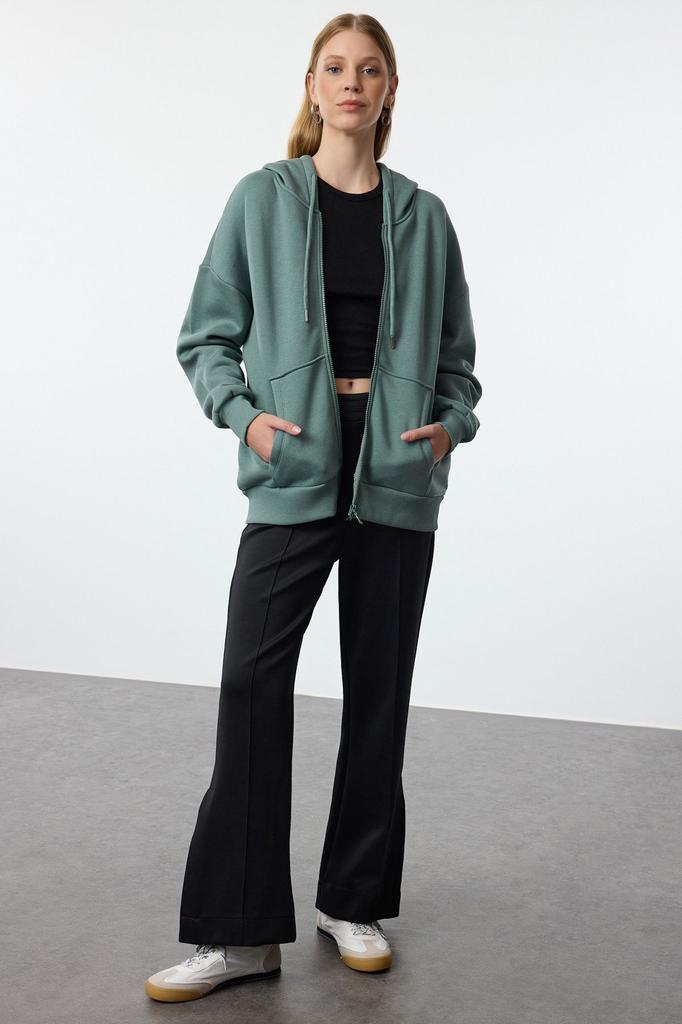 Women's Fashionable Stylish Sweatshirt Stone Oversize Comfortable Cut Basic Hooded Zippered Thick Inside Fleece Knitted Sweatshirt