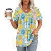 Ladies' Casual V-neck Short Sleeved Shirt With Pleated Easter Print On The Chest