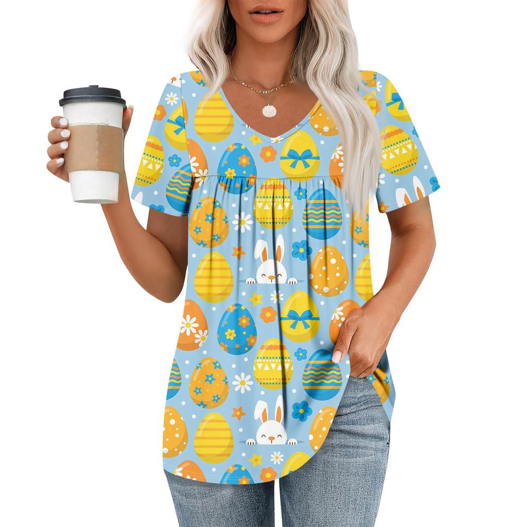 Ladies' Casual V-neck Short Sleeved Shirt With Pleated Easter Print On The Chest