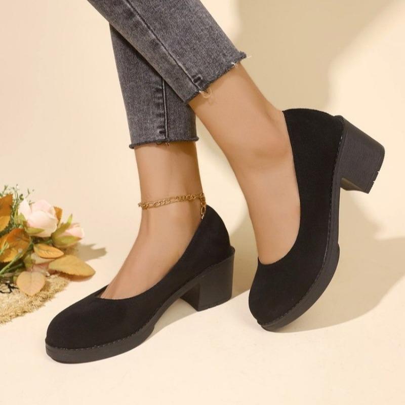 High Quality Spring and Autumn Women's Shoes Fashionable Round Toe Shallow Mouth Medium Heel Suede Slip-On Women's High Heels