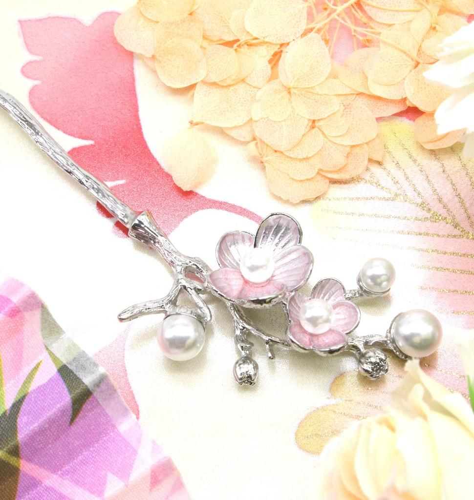 Miaomyao Single Japanese Hair Cubic Cherry Silver Hair Accessory [Miaomyao] Hairpin, Hairpin, Style, Tomesode, Ornament, Metal, Antique, Zirconia,