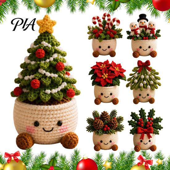 Soft Healing Holiday Ornaments Simulated Crochet Christmas Potted Decor, Knitted Mini Artificial Tree Flower Wool Knitting Plants Ornament,