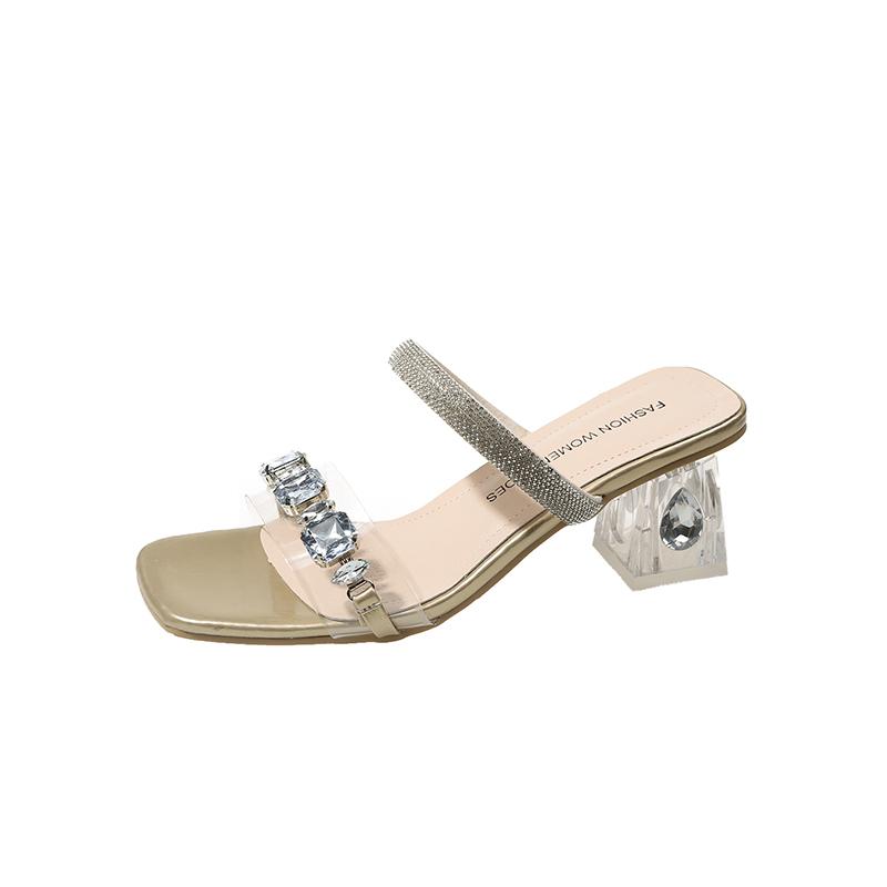 Модные прозрачные босоножки на каблуке Летние новые с квадратным носком и открытым носком, с хрустальной линией, противоскользящие износостойкие шлепанцы на высоком каблуке