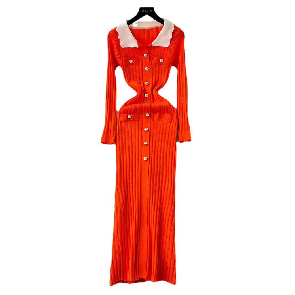 Женское маленькое парфюмерное платье в стиле ретро с отворотом цвета столкновения, длинными рукавами, металлической пряжкой, тонкое, темпераментное, вертикальное трикотажное платье