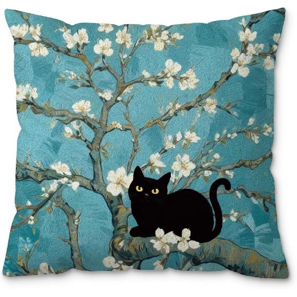 Boho Abstract Floral Black Cat Pillow Covers 18x18, Black Cat Gifts for Women, Cats Mom Lady Grandma Gifts, Whimsical Wildflower Kitten Decorative