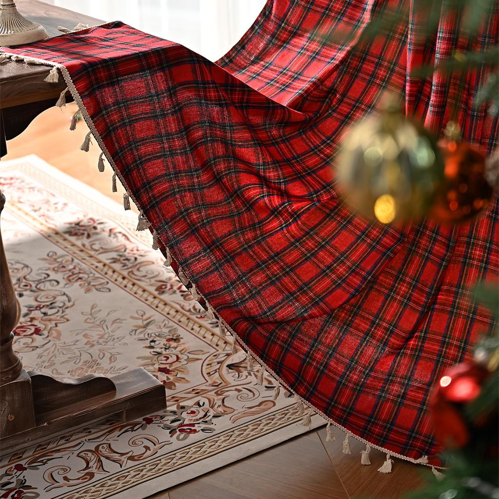 2025New Plaid Pattern Curtains Lace Curtains Rod Tassel Curtains Vintage Red Curtains