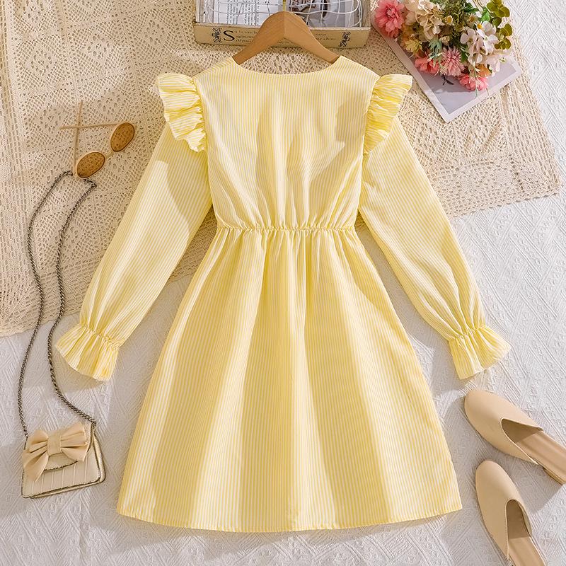 Elegant Striped V-Neck Lace Dress for Big Kids - Autumn European & American Style