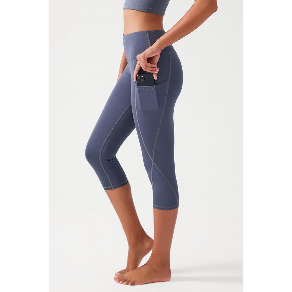 Женские черные леггинсы-капри длиной ниже колена с высокой талией и двойным карманом, капри