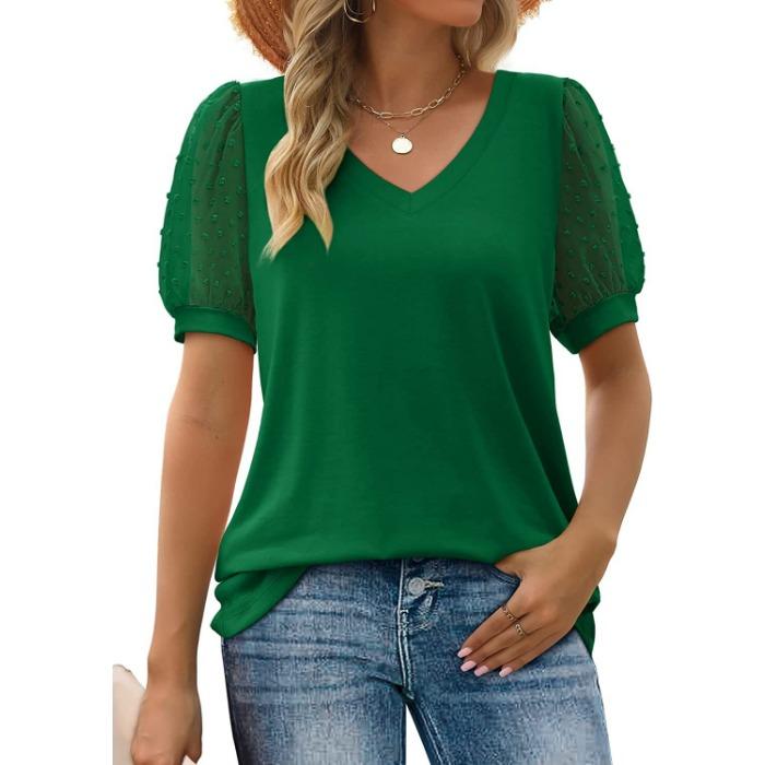 Summer Women's T-shirt Solid Color V-neck Simple Temperament Elegant Mesh Bubble Sleeve