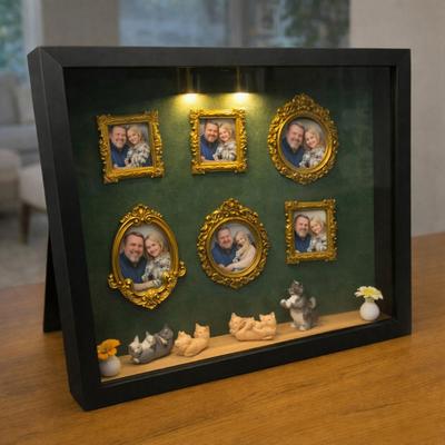 Набор для создания DIY Мини-музей Силуэтная коробка со светом Витрина для семейных фотовоспоминаний с 6 золотыми мини-рамками 4 миниатюрными кошками 2 комнатными растениями для любителей кошек