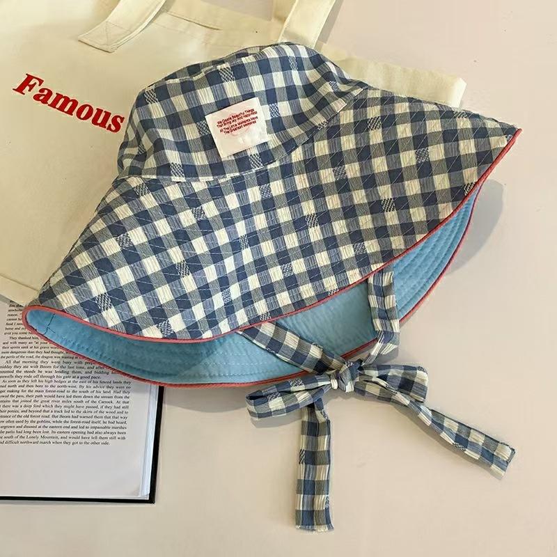 1Pc Women Summer Uv Protection Wide Brim Sun Hats With Chin Strap Cute Pastel Plaid Beach Hat For Outdoor Travel & Daily Wear