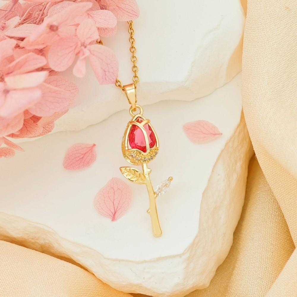 Elegant Tulip Flower Pendant Necklace Layered Minimalist Zircon Pendant Trendy Design Sweet Style Stainless Steel Choker