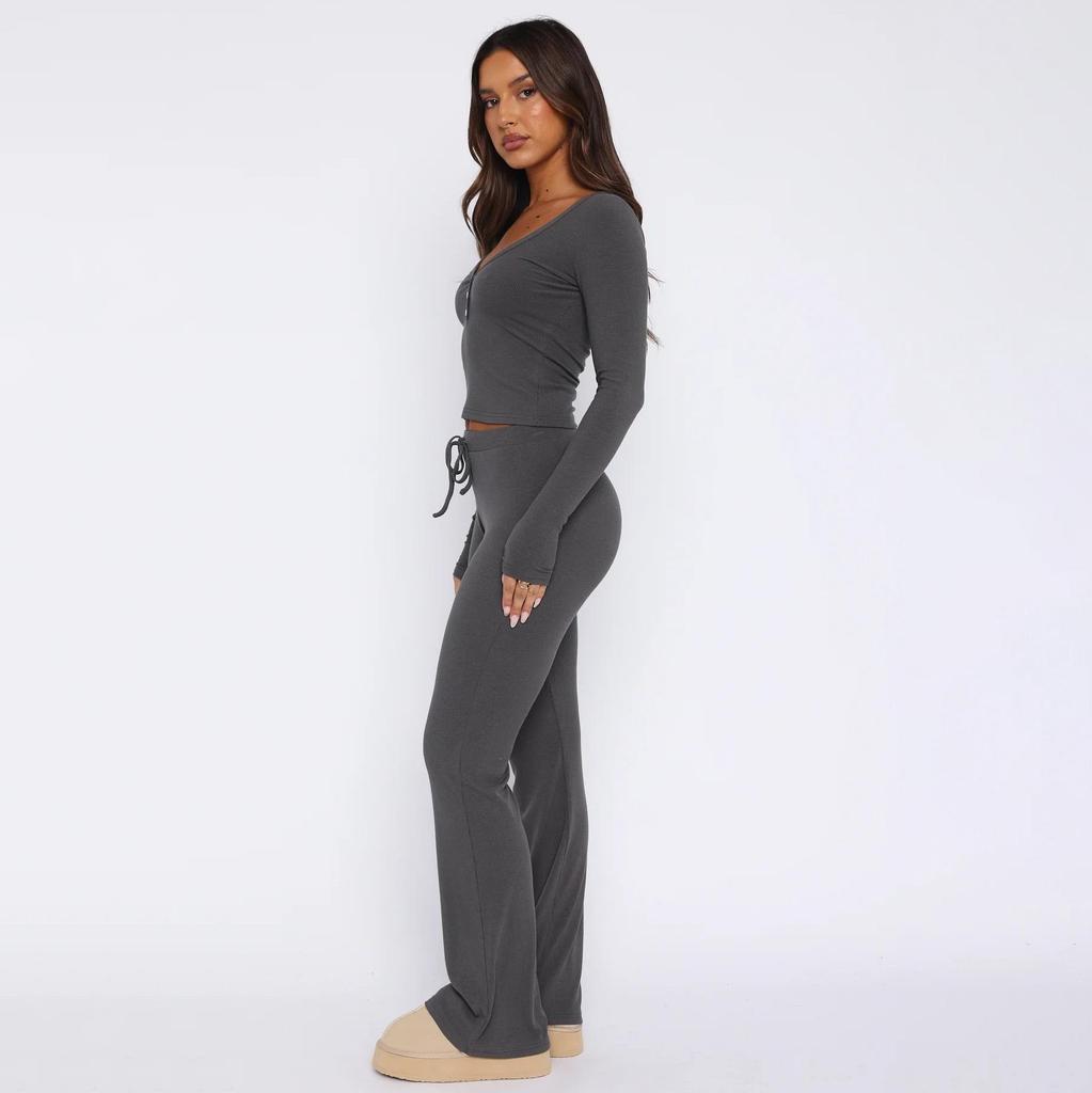 Женский однотонный костюм с длинным рукавом и V-образным вырезом, свободный топ, широкие короткие брюки, осень-зима