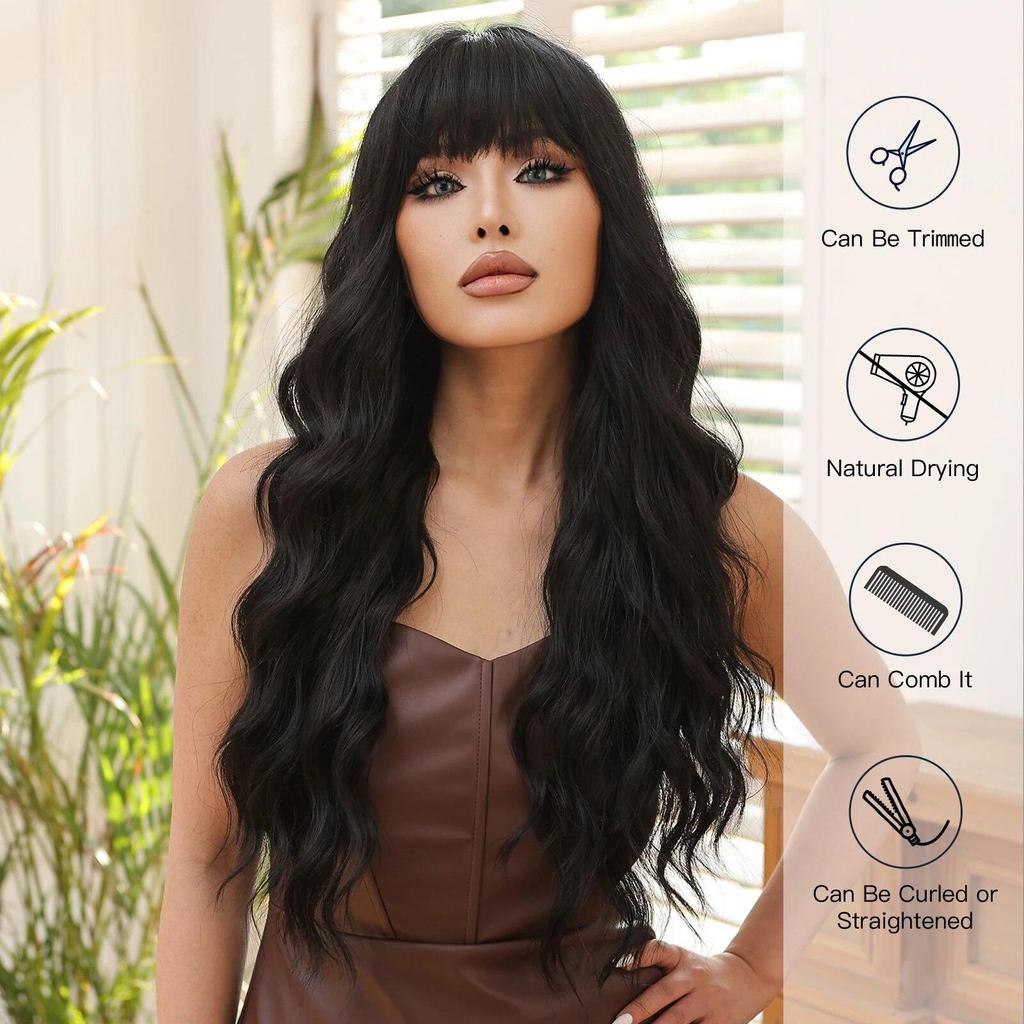 LOUIS FERRE Черные волнистые синтетические парики для женщин, натуральные длинные волосы с челкой, парик из термостойкого волокна для ежедневного использования