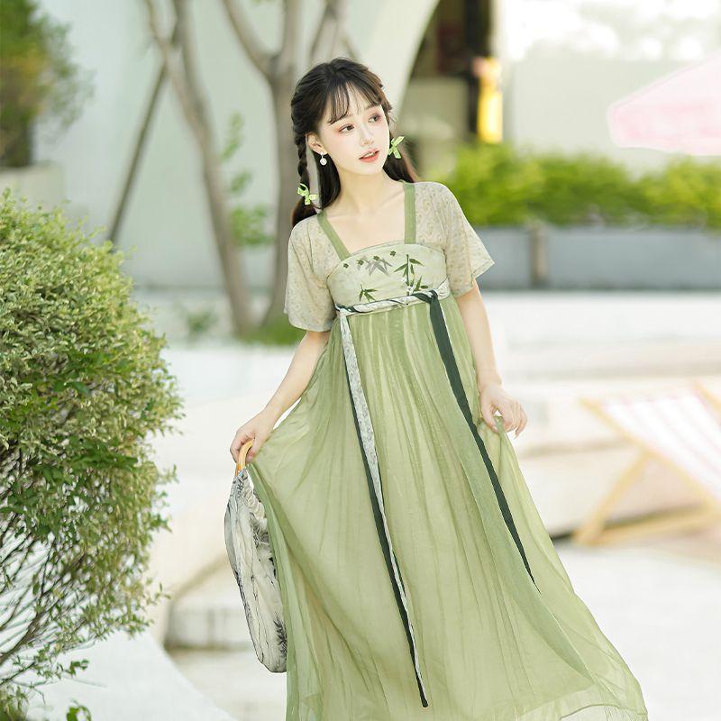 Женское улучшенное свободное платье средней длины Hanfu с короткими рукавами большого размера