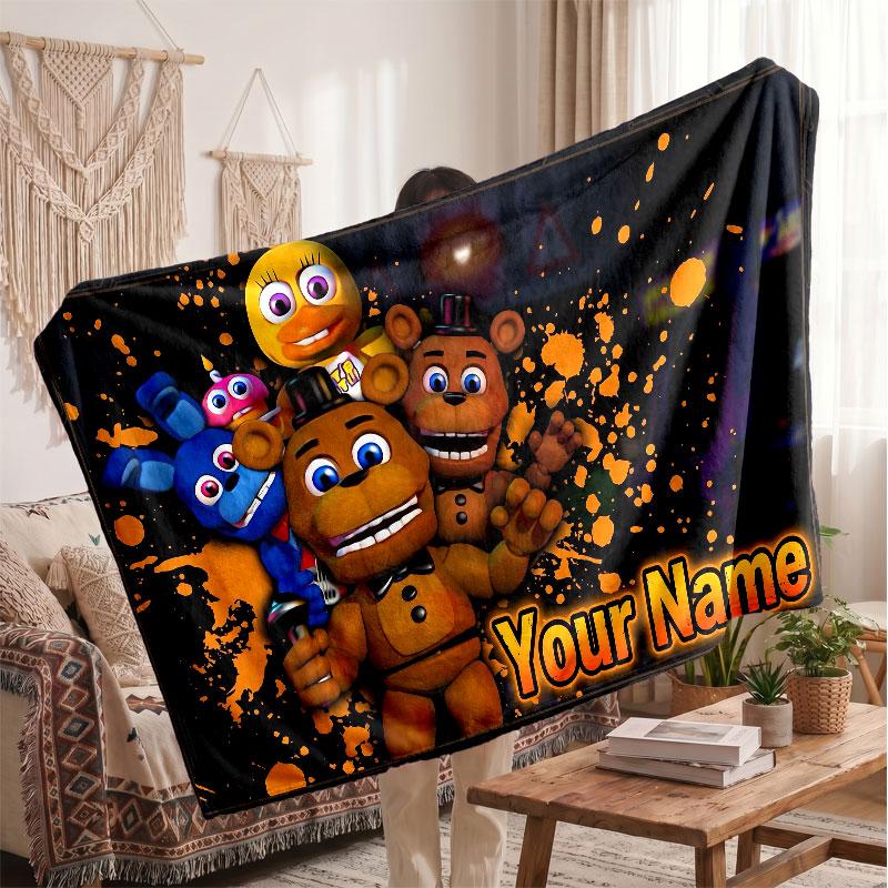 Five Nights at Freddy’s Personalized Flannel Blanket, Custom Printed Text Name, Warm Soft Blanket For Couch Bed