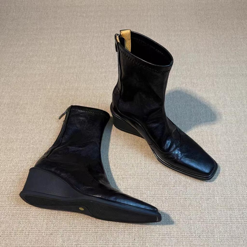 Square Toe Women Ankle Boots Wedges Leather Shoes Fad Mid Heels Chelsea Winter 2025 Trend Goth Office Shoes Retro Botas Mujer