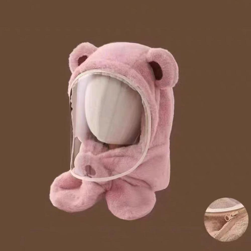Windproof Mask Integrated Hat Cartoon Bear Plush Fleece Hat Cozy Kids Winter Hat