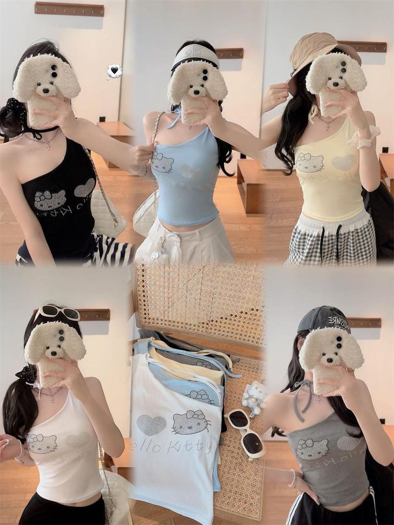 Summer Sweet & Spicy Cartoon One-Shoulder Vest with Chest Pads