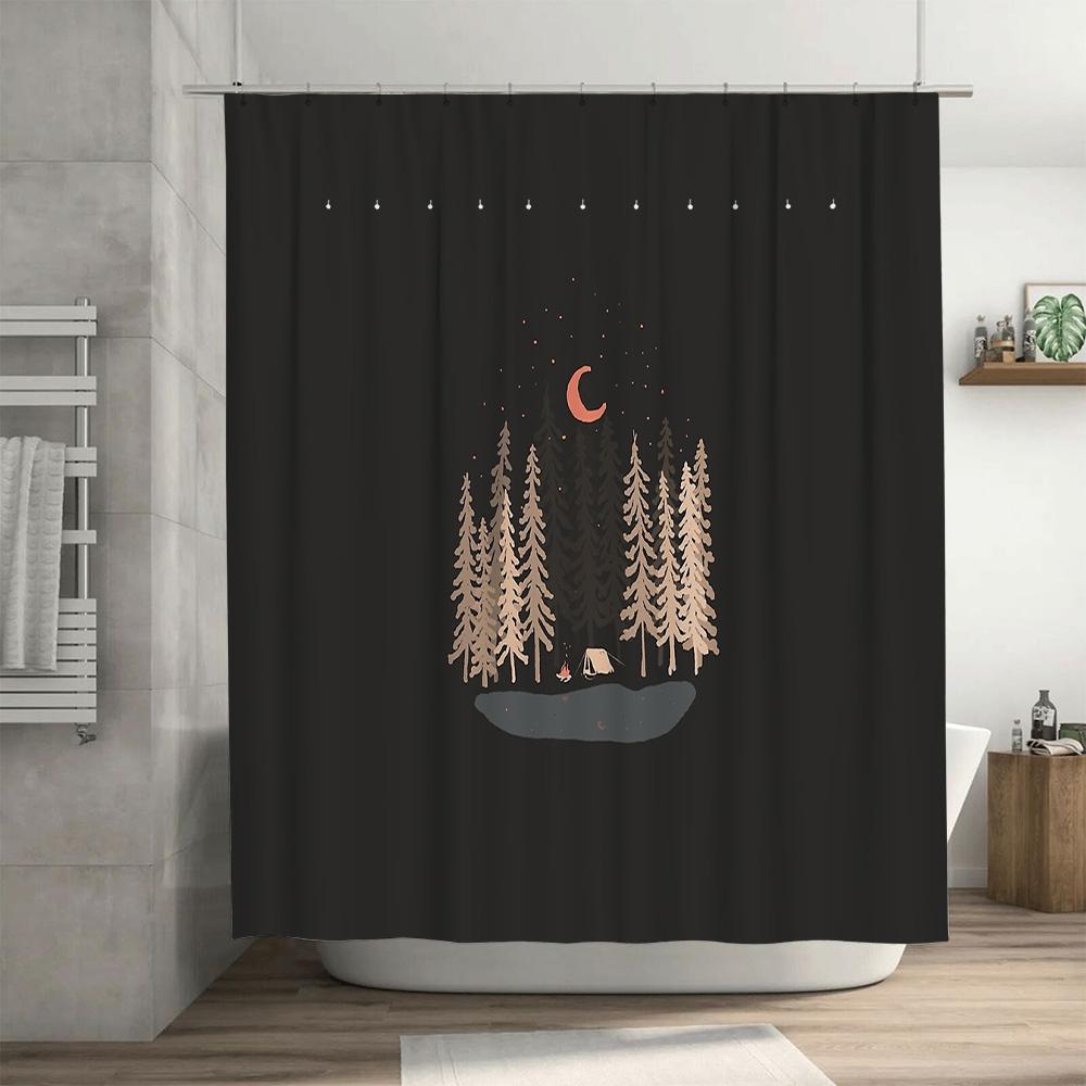 Camping Forest Night Landscape Shower Curtain Woodland Nature Trees Tent Backdrop Bathroom Decor Rustic Home Decor Outdoor Adven