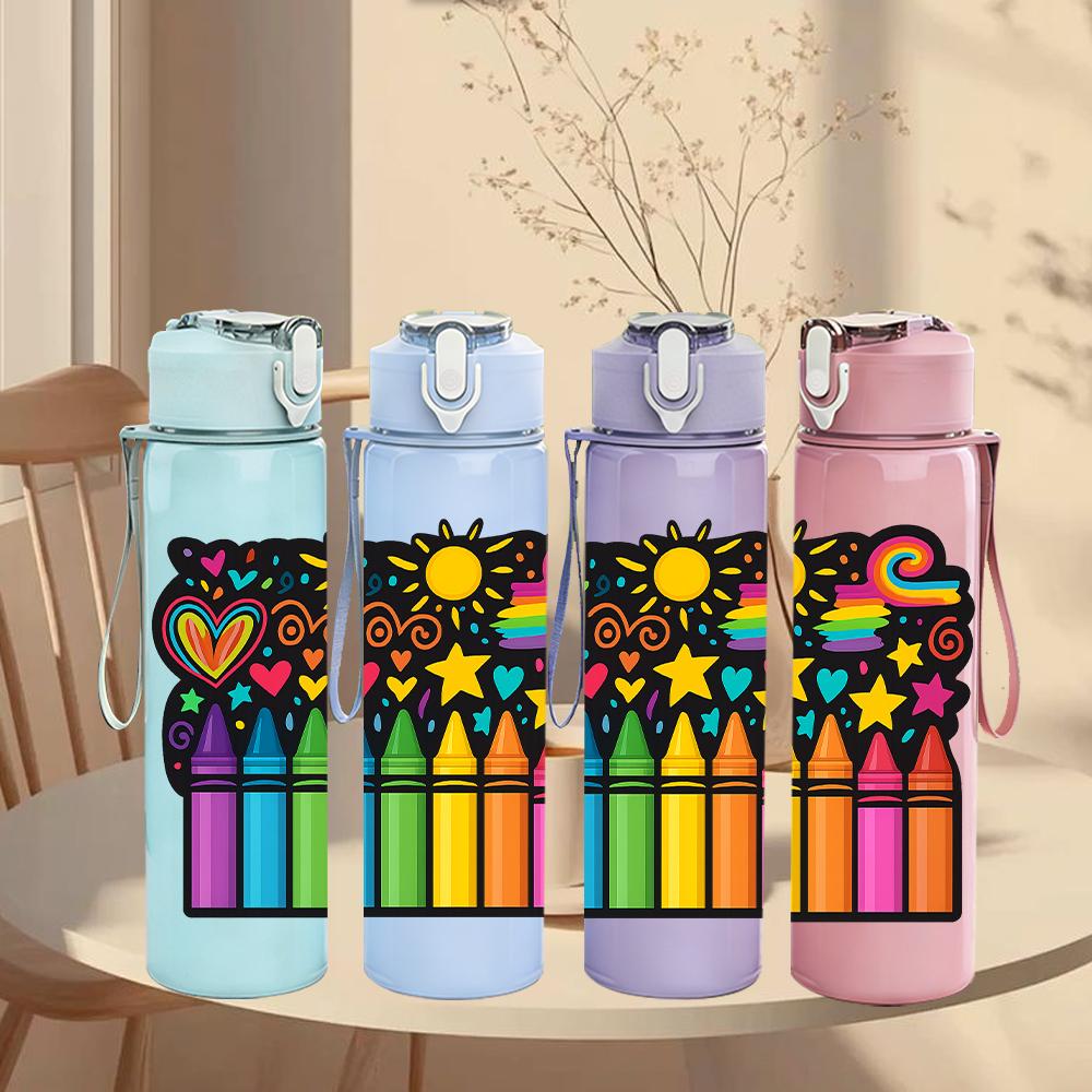 1PC Color Crayon Box Layout 750ml Color Plastic Sports Water Bottle Leakproof Flip Straw Lid For Sports Office Home Use