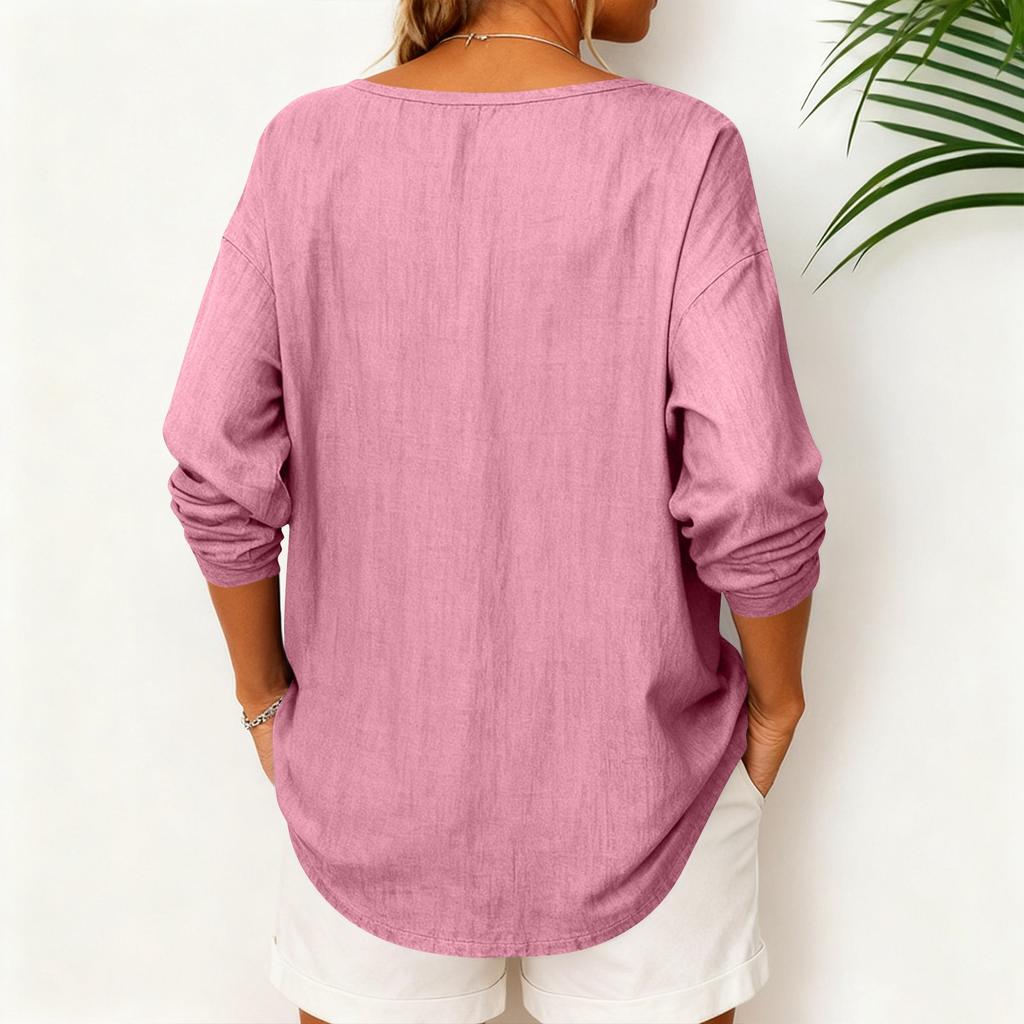 Women's Fashionable Solid Color V-neck Loose Casual Long Sleeved Pullover T-shirt Top