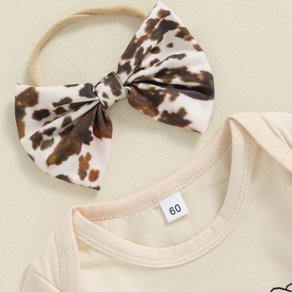 Осенний наряд для девочек, комбинезон с длинными рукавами и принтом коровы, расклешенные брюки и повязка на голову с бантом