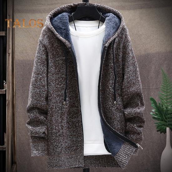 Winter Men Jacket Thickened Fleece Hooded Drawstring Zip-up Long Sleeves Sweater Coat Pockets Elastic Cuff Retro Knitted Daily Wear Outerwear Jacket
