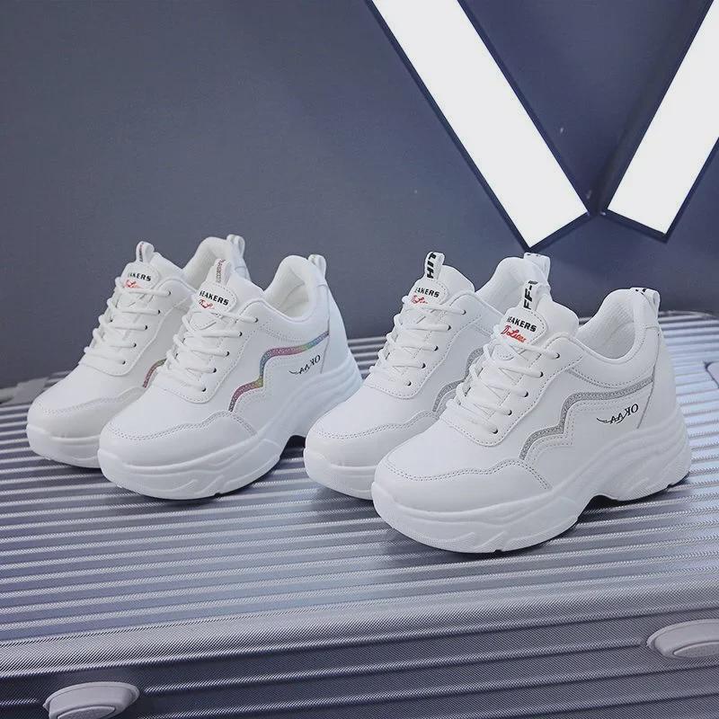 Женские кроссовки из кожи на платформе весна/лето 2023 года белого цвета — облегающие повседневные туфли для пап