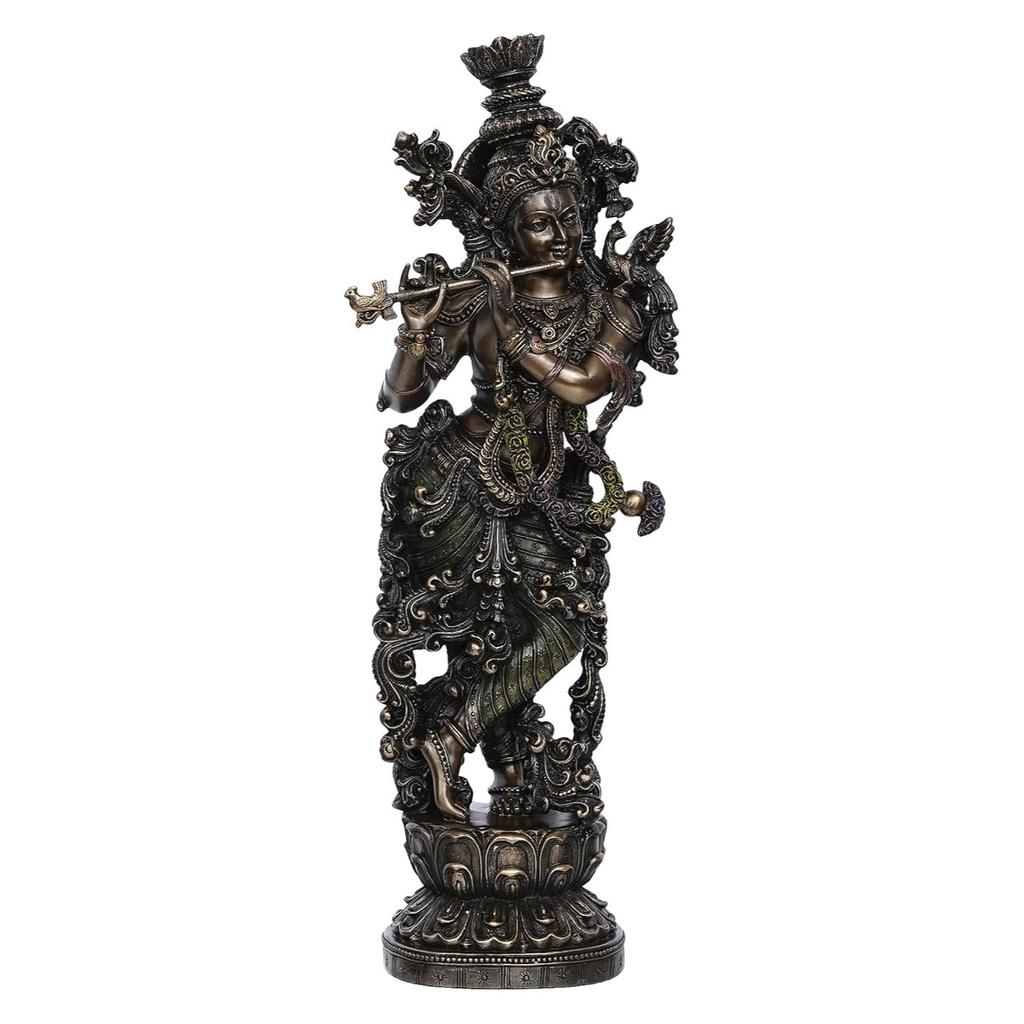Handcrafted Polyresin Bronze Finish Lord Krishna Idol Playing Flute & Standing On Lotus Flower Statue For Pooja Room, Home, Living Room, Office Decor