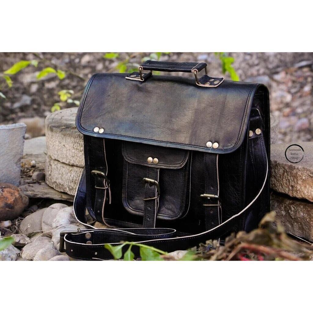Leather Messenger Laptop Briefcase Men's Genuine Vintage Satchel Bag Black