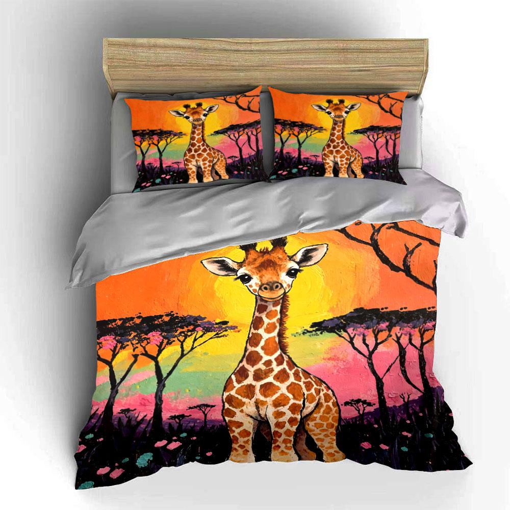 Giraffe Art with Sunset Safari Bedding Duvet Cover Set Duvet Cover Pillowcases (1*Duvet Cover 2*Pillowcases, without duvet insert)