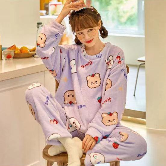 Уютный женский пижамный комплект из кораллового флиса - Милый и теплый фланелевый для осени/зимы
